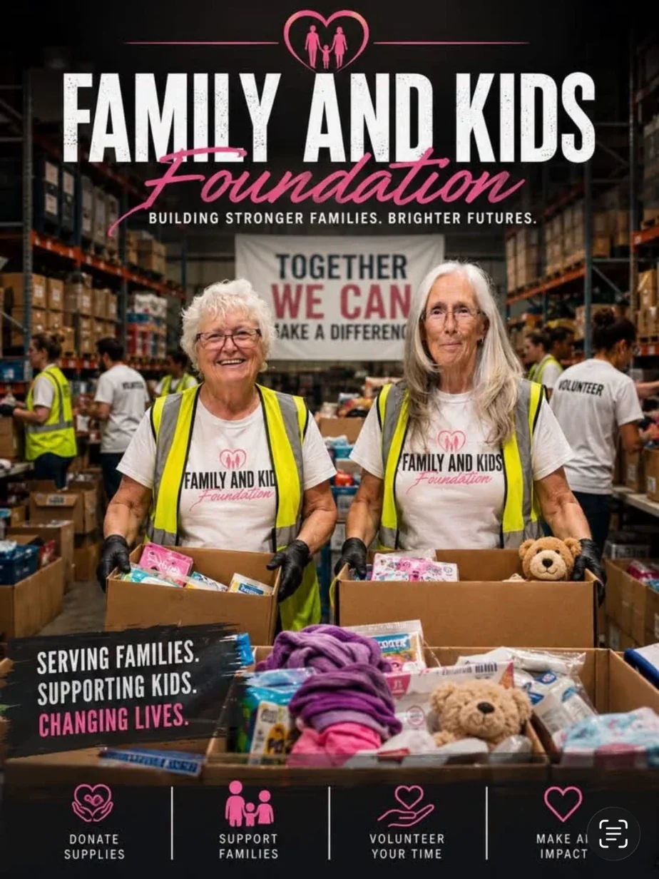 Family and Kids Foundation volunteers packing donation boxes in a warehouse
