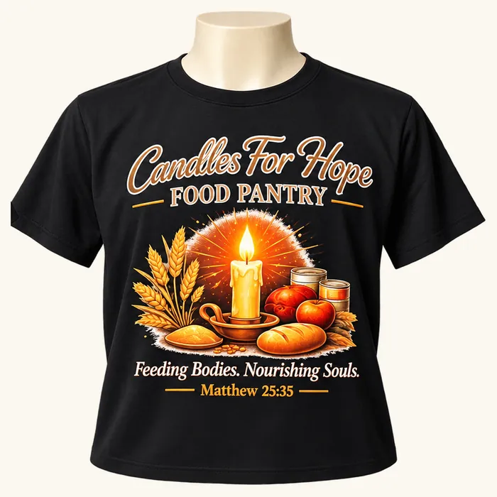 Black Candles for Hope t-shirt with the candle, bread and wheat emblem and the words Feeding Bodies, Nourishing Souls